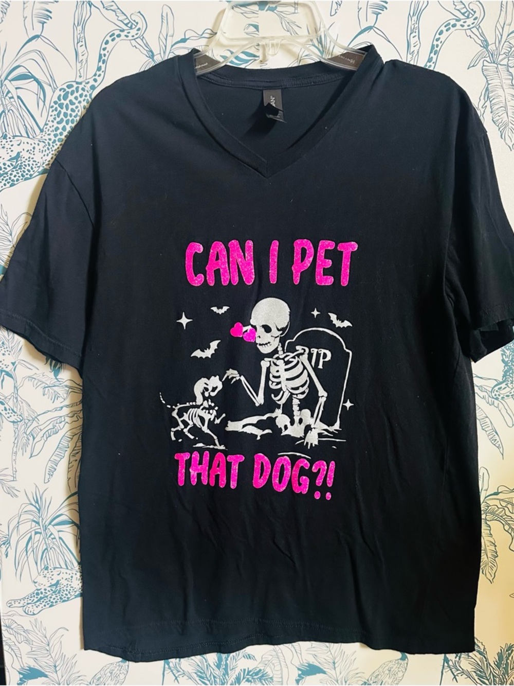 Gildan Black Tee with Hot Pink and White Skeleton Dog Graphic